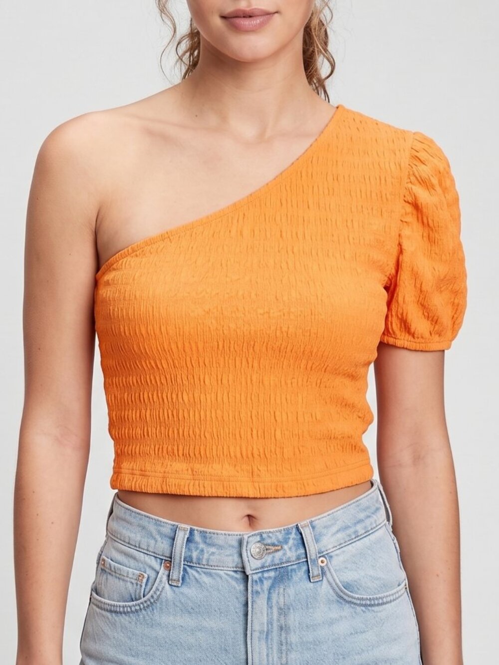 NWOT | Vibrant Orange Textured Smocked One Shoulder Ruffle Crop Top Size Small
